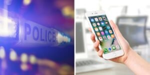 Police blue lights and mobile phone