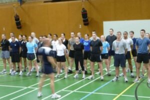 Recruits lined up in gymhall before bleep test